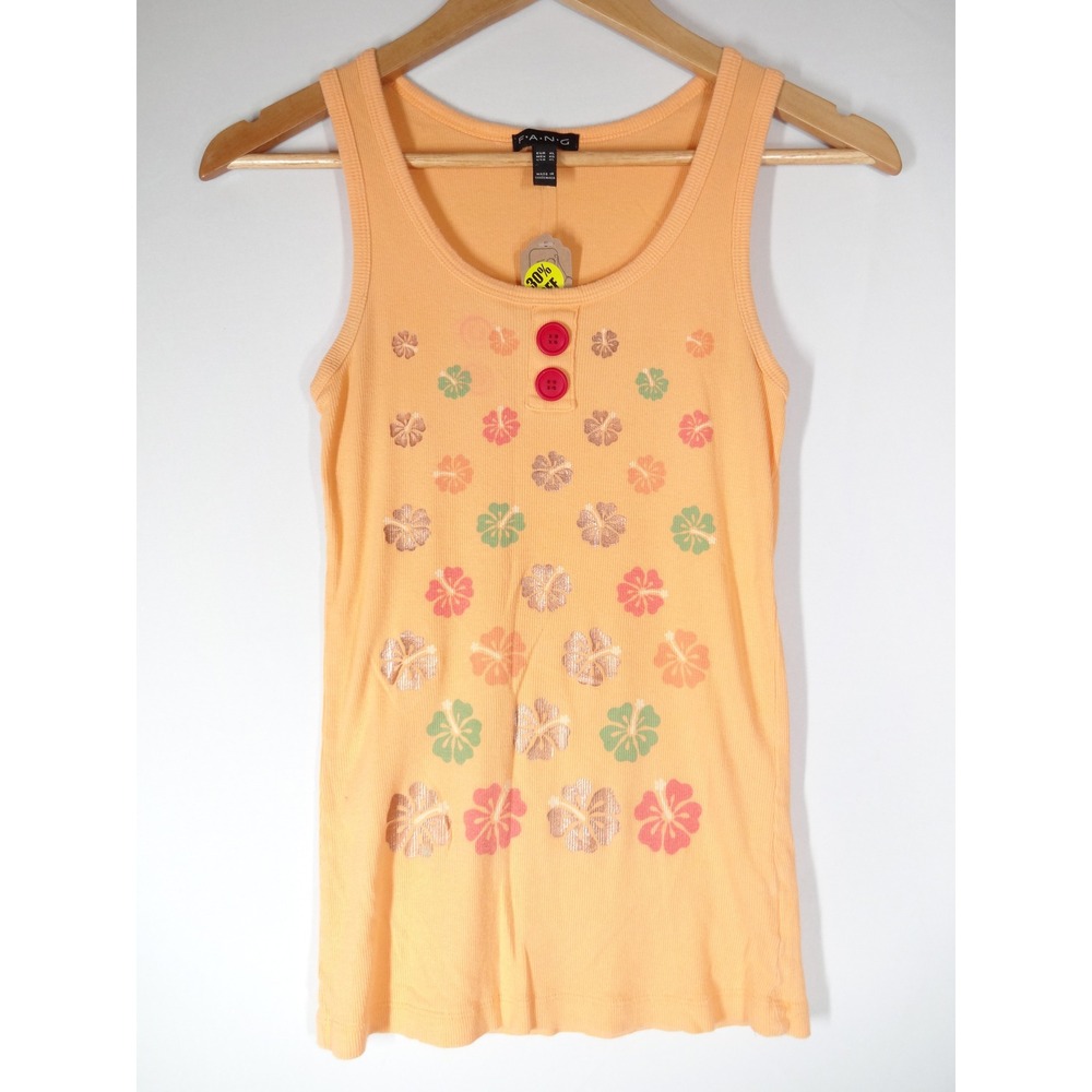 Y2K F.A.N.G Tank Top XL Peach Orange Ribbed Hibiscus Floral Henley VTG Summer
